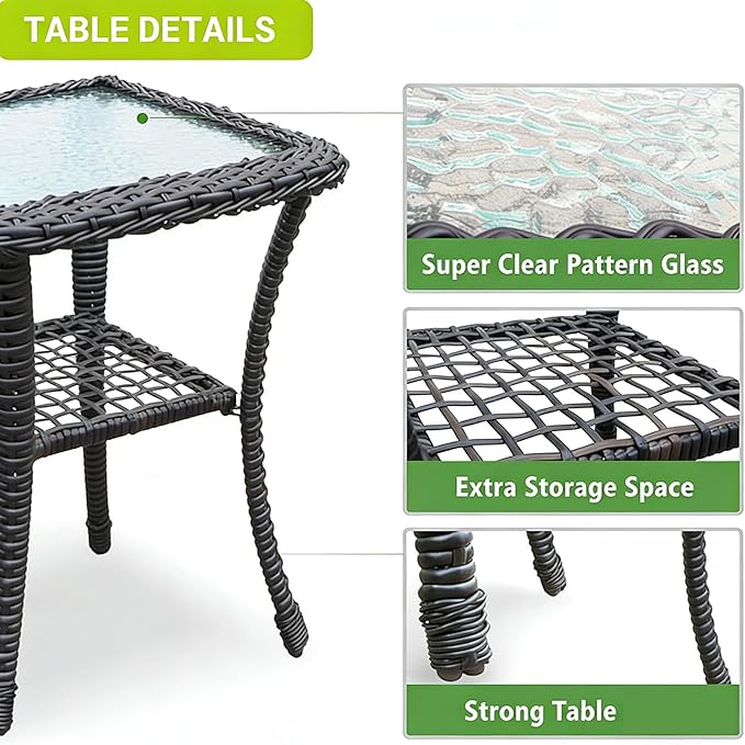 Outdoor Glass Side Table, End Table with Glass Top, Patio Coffee Bistro Table for Indoor Garden Porch Balcony (Black, Square 18x18x23in)