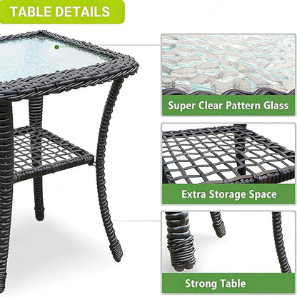 Outdoor Glass Side Table, End Table with Glass Top, Patio Coffee Bistro Table for Indoor Garden Porch Balcony (Black, Square 18x18x23in)