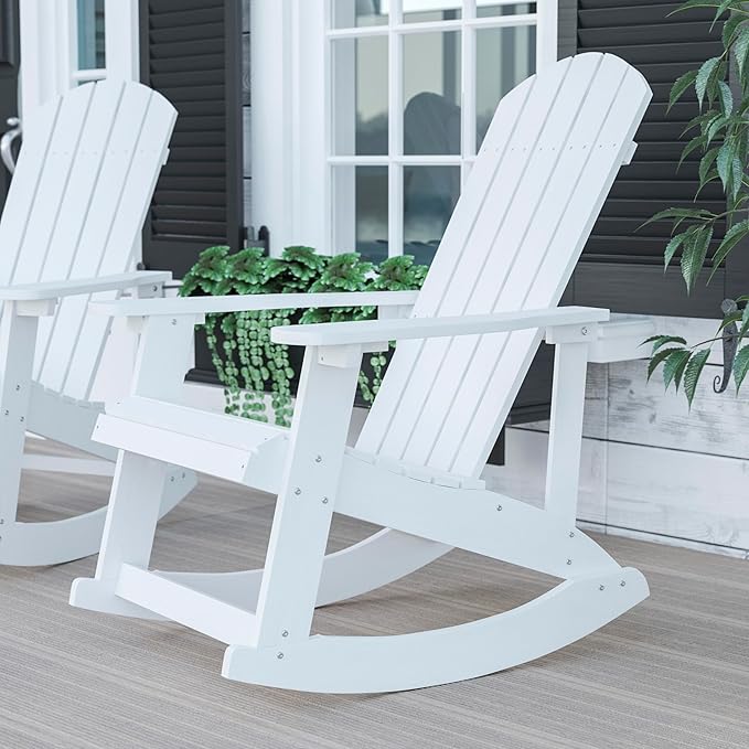 Flash Furniture Savannah Poly Resin Wood Adirondack Rocking Chair - All Weather White Polystyrene - Stainless Steel Hardware