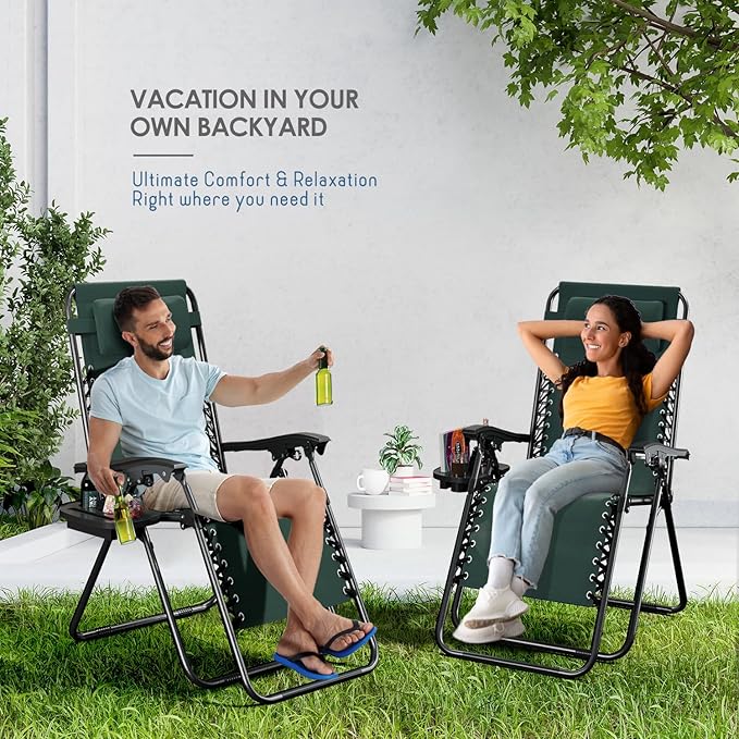 Nestl Zero Gravity Chairs 1 Pk, Portable Patio Lounge Outdoor with Pillows & Cup Holder Trays, Adjustable Steel Lawn Chair for Deck, Beach - Forest Green