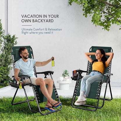 Nestl Zero Gravity Chairs Set of 2, Patio Lounge Chair Outdoor with Pillows & Cup Holder Trays, Adjustable Steel Mesh Reclining Camping Chair, Folding Patio Lawn Chair for Deck, Beach - Forest Green