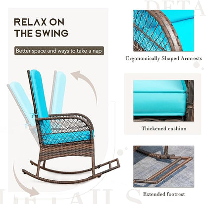 Devoko Outdoor Rocking Chairs 3 Piece Patio Furniture Set with Side Table & Cushions, Wicker Porch Rocker Bistro Set High Back for Balcony, Backyard, Garden (Blue)