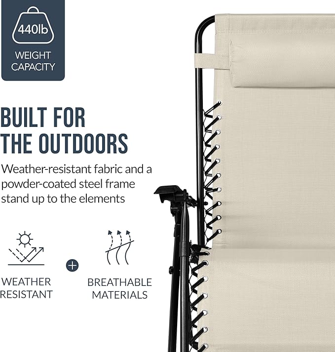 Best Choice Products Set of 2 Extra Wide Adjustable Steel Mesh Zero Gravity Lounge Chair Recliners w/Pillows and Cup Holder Trays - Ivory