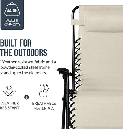 Best Choice Products Set of 2 Extra Wide Adjustable Steel Mesh Zero Gravity Lounge Chair Recliners w/Pillows and Cup Holder Trays - Ivory