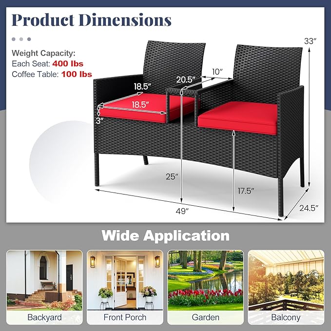 Tangkula Patio Loveseat with Built-in Table, Wicker 2-Seat Furniture with Soft Cushions & Tempered Glass Tabletop, Metal Frame Outdoor Conversation Seating Bench for Backyard, Porch