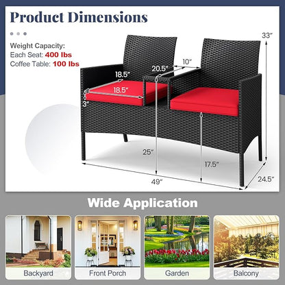 Tangkula Patio Loveseat with Built-in Table, Wicker 2-Seat Furniture with Soft Cushions & Tempered Glass Tabletop, Metal Frame Outdoor Conversation Seating Bench for Backyard, Porch