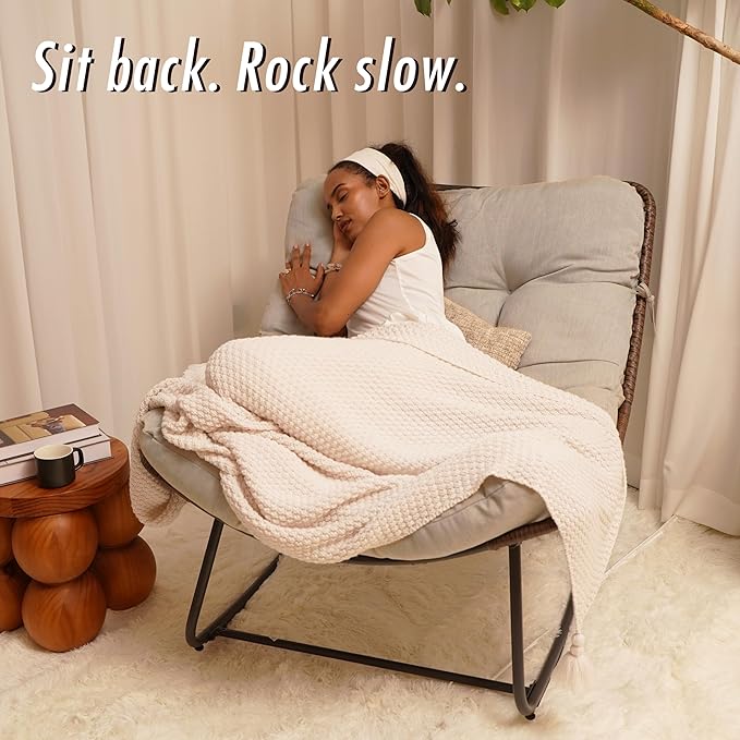 Outdoor Papasan Rocking Chair Oversized - Rocking Chair with Soft Cushion, 30° Rocker Egg Chair for Patio, Front Porch, Backyard, Living Room, Grey
