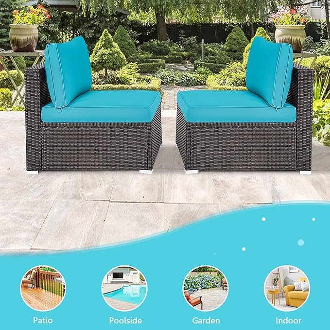 DORTALA 2 Piece Wicker Sectional Armless Chairs, Outdoor Rattan Sectional Sofa Set w/Cushions for Seat and Back, Additional Seats for Garden Balcony Patio Poolside, Turquoise