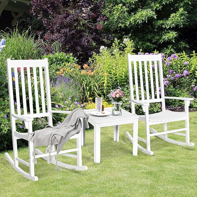 Tangkula Acacia Wood Porch Rocking Chair Set, Wooden Rocking Chair Rocker with High Back & Armrest for Indoor Outdoor Use, Patio Rocker for Garden Lawn Balcony Backyard Poolside (2, White)