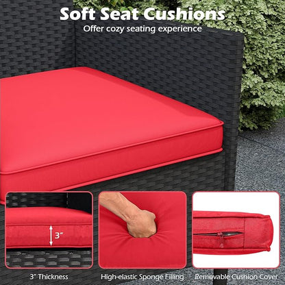 HAPPYGRILL Outdoor Rattan Loveseat, 2-Seat Patio Conversation Set with Built-in Coffee Table, Cushions, Wicker Bench Furniture for Backyard, Garden, Balcony, Porch (Red)