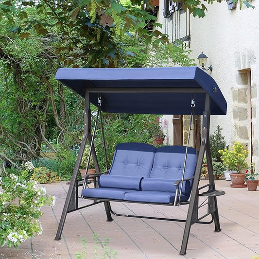 Outsunny 2-Person Patio Swing Bench with Adjustable Shade Canopy, Soft Cushions, Throw Pillows and Tray, Dark Blue