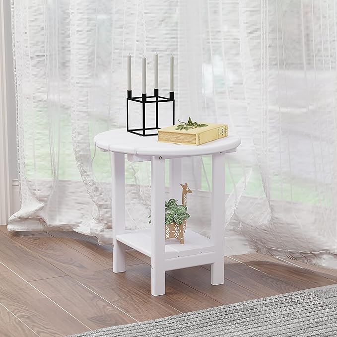 Sundale Outdoor 18" Round Side Table, Patio Water Proof Adirondack Small End Table HDPE Water Resistant 2 Tier Round Outside for Pool, Garden, Beach, White