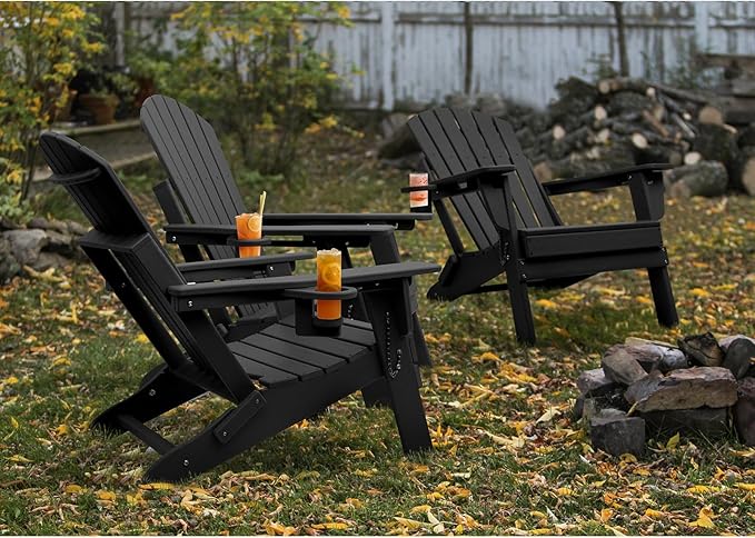 FUNBERRY Folding Adirondack Chair with Adjustable Backrest, HDPE All Weather Fire Pit Chairs with Cup Holder
