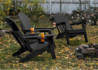 FUNBERRY Folding Adirondack Chair with Adjustable Backrest, HDPE All Weather Fire Pit Chairs with Cup Holder