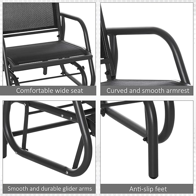 Outsunny Porch Glider, Metal Frame Swing Glider Chair with Breathable Mesh Fabric, Steel Frame and Curved Armrests for Garden, Poolside, Backyard, Balcony, Black