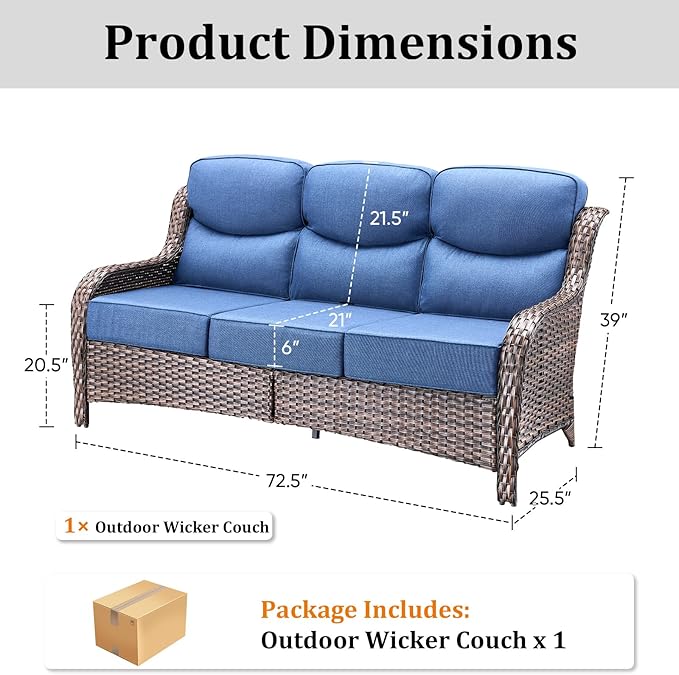 71'' Patio Couch Outdoor Wicker Sofa, Heavy Duty All-Weather Rattan 3-Seater Sofa with Deep Seating and Removable Cover - Photo 8