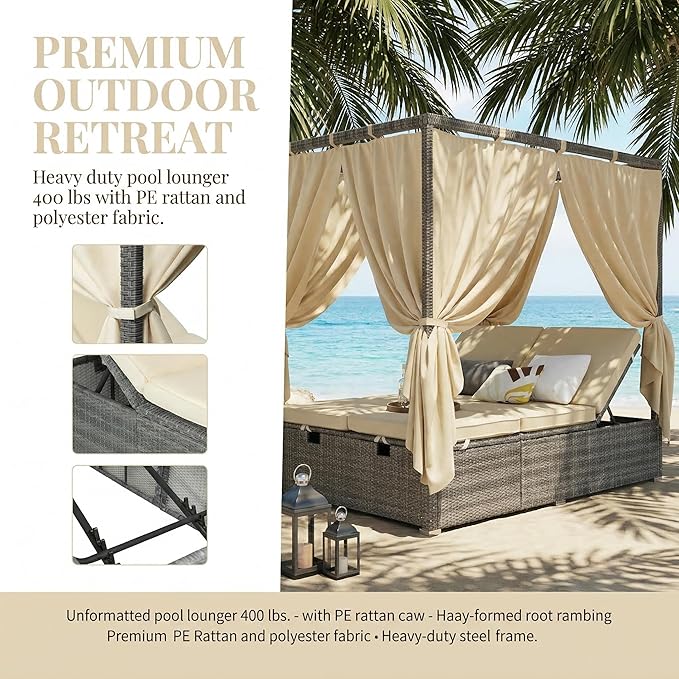 Harper & Bright Designs Adjustable Outdoor Sun Lounger with Canopy,Multi-Position Recline Patio Chair with Removable Cushion,Weather-Resistant Rattan Chaise Lounge for Poolside,Garden & Terrace,Beige