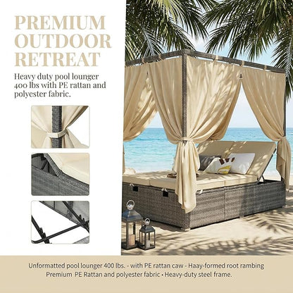 Harper & Bright Designs Adjustable Outdoor Sun Lounger with Canopy,Multi-Position Recline Patio Chair with Removable Cushion,Weather-Resistant Rattan Chaise Lounge for Poolside,Garden & Terrace,Beige