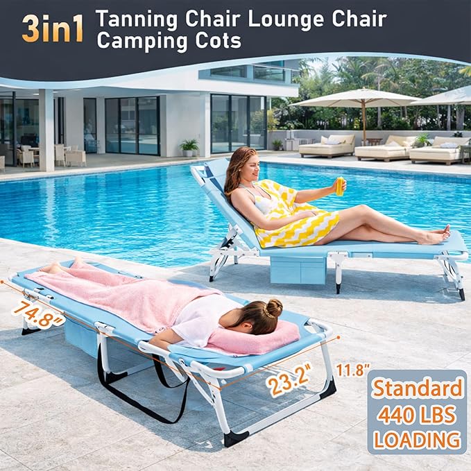 ABORON 4-in-1 Lounge Chair with Face & Arm Holes for Tanning, 440LB Heavy-Duty Folding Recliner with Plush Cotton Cushion, No Assembly Tri-Fold Guest Bed for Sunbathing, Poolside, Office Nap & Camping