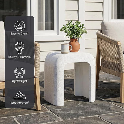 HOMPUS Outdoor Side Table w U-Shaped, Concrete Side Table Lightweight, Round Patio MgO Coffee End Table, Modern Accent Vintage Garden Stand for Indoor Outdoor Use, Spotted White