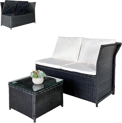 GIANGSUNNY 3 Patio Furniture Set with Storage, Outdoor Sectional Wicker Rattan Conversation Set with Loveseat & Glass Coffee Table, All-Weather Patio Seating (Black, 3Pcs)