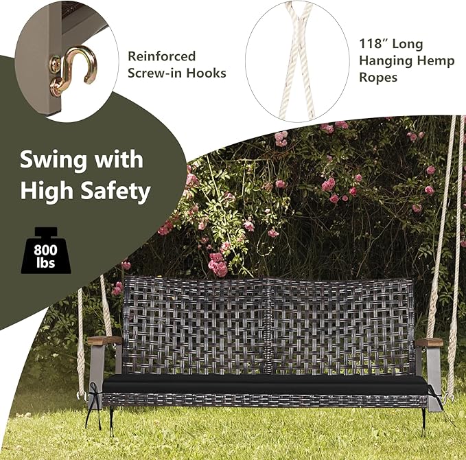 RELAX4LIFE 2-Seater Outdoor Porch Swing - PE Wicker Porch Loveseat Swing with 118” Hanging Ropes - Photo 7