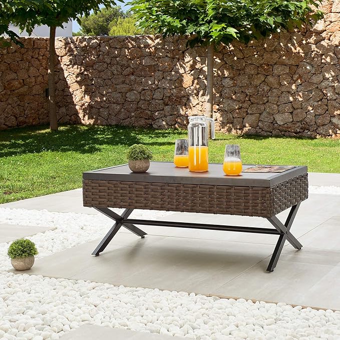 Festival Depot Metal Outdoor Side Coffee End Table Patio Bistro Living Room Dining Table Wood Grain Top Wicker Rattan Furniture with X Shaped Steel Legs Brown Black (Rectangle)