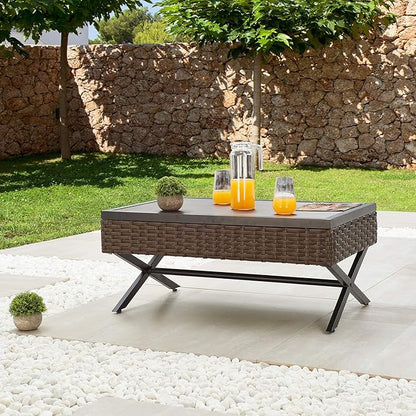 Festival Depot Metal Outdoor Side Coffee End Table Patio Bistro Living Room Dining Table Wood Grain Top Wicker Rattan Furniture with X Shaped Steel Legs Brown Black (Rectangle)