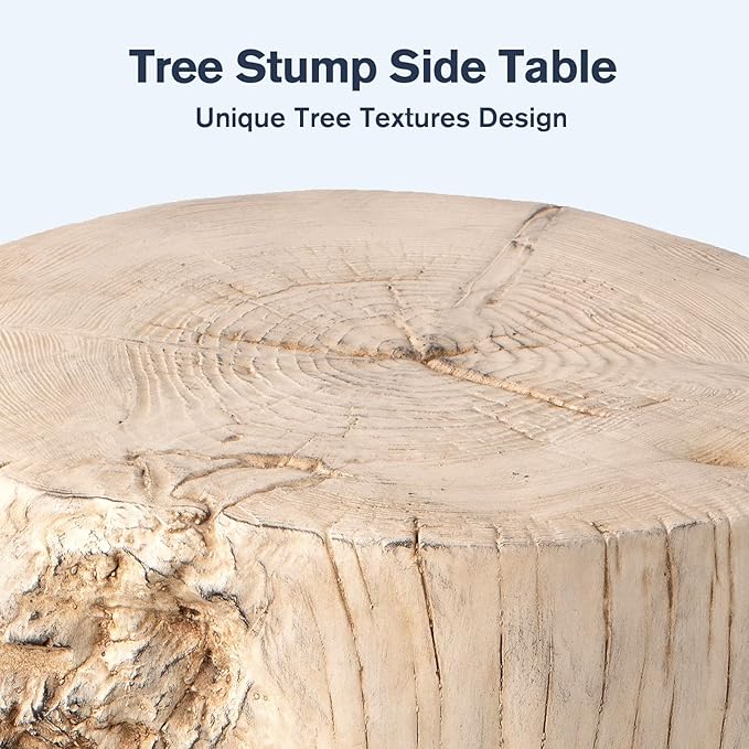 HOMPUS Concrete Outdoor Side Table Tree Stump Modern Round Coffee Table Accent Table Plant Stand Faux Wood End Table Garden Stool for Patio,Home Decor, Living Room(White)