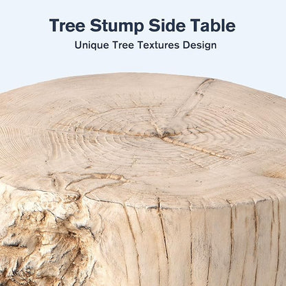 HOMPUS Concrete Outdoor Side Table Tree Stump Modern Round Coffee Table Accent Table Plant Stand Faux Wood End Table Garden Stool for Patio,Home Decor, Living Room(White)