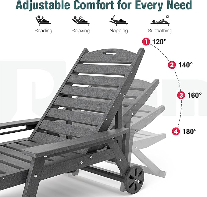 Pamapic 1 PC 500 LBS Lounge Chair, Wide Armrest Oversized Chaise Lounge Chair with Wheel, All Weather HDPE 4 Positions Chaise Lounge with Cup Holder, Outdoor Lounge Chairs for Poolsdie, Patio, Grey