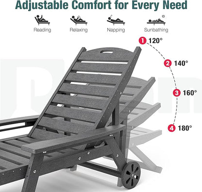 Pamapic 1 PC 500 LBS Lounge Chair, Wide Armrest Oversized Chaise Lounge Chair with Wheel, All Weather HDPE 4 Positions Chaise Lounge with Cup Holder, Outdoor Lounge Chairs for Poolsdie, Patio, Grey