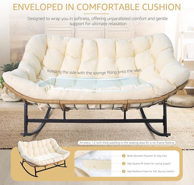 NICESOUL Outdoor Double Egg Rocking Chair, Oversized 2 Person Wide Papasan Rocker, Comfy Padded Recliner Loveseat, 700 lbs Heavy Duty Glider Lounge Chair with Cushion for Outside Backyard Porch, Beige