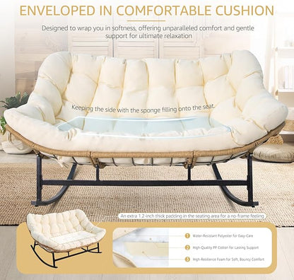 NICESOUL Outdoor Double Egg Rocking Chair, Oversized 2 Person Wide Papasan Rocker, Comfy Padded Recliner Loveseat, 700 lbs Heavy Duty Glider Lounge Chair with Cushion for Outside Backyard Porch, Beige