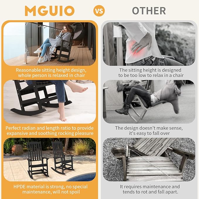 Outdoor Rocking Chairs Set of 2, Oversized All Weather High Back Porch Rocker, Patio Rockers for Outside