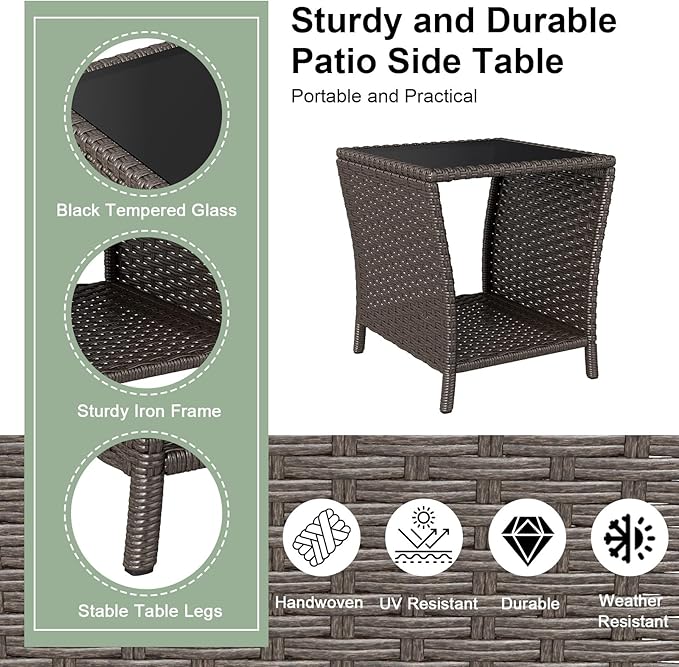 kinbor Outdoor Wicker Side Table - Tempered Glass Top Small Outdoor Table with Storage Shelf for Patio, Balcony & Porch - Photo 5