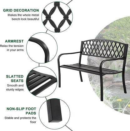 50-Inch Garden Bench,Park Outdoor Bench Metal Bench Clearance Yard Porch Chair with Steel Frame Outdoor Furniture for Backyard Entryway Deck Lawn, Black