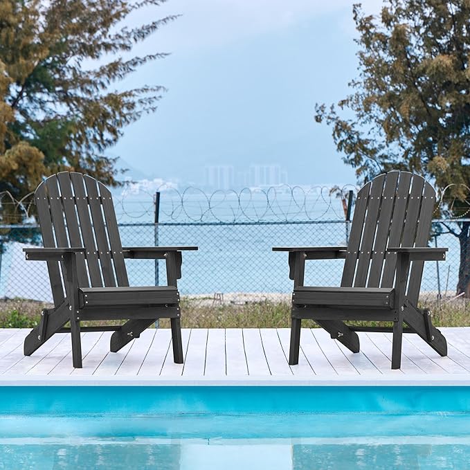 Yaheetech Folding Adirondack Chair Set of 6 Outdoor, 300LBS Solid Wood Garden Chair Weather Resistant, Fire Pit Lounge Chairs for Garden/Yard/Patio/Lawn, Black