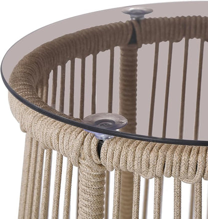 Christopher Knight Home Desna Coffee Table, Patio Glass Round End Table, Outdoor Side Table, Modern/Tropical Patio Accent Piece for Garden/Balcony, Iron Frame + Handwoven Rope Accent, Light Brown