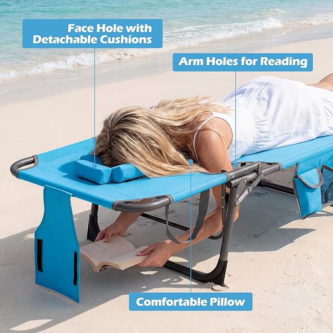 GYMAX Tanning Chair with Face Hole, Sun Bathing Lounge Chairs for Outside with Side Pocket, Folding Portable Face Down Layout Tanning Chair Beach, Backyard, Poolside, Lawn (Blue,2)