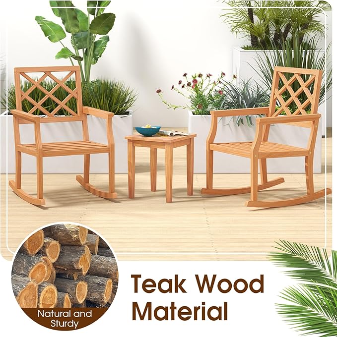Tangkula Teak Wood Rocking Chair, Oversized Porch Rocker with Backrest and Slatted Seat, Outdoor Rocker Chair for Patio, Backyard and Lawn, 330 LBS Weight Capacity (2, 30 x 23 x 35 Inch)