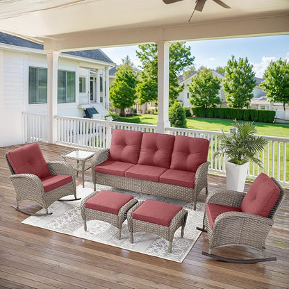 Belord 6 Pieces Patio Rocking Chairs Outdoor Furniture Set with Outdoor Couch and Ottoman Conversation Patio Furniture Set Perfect for Deck Sunroom Backyard Gray/Red