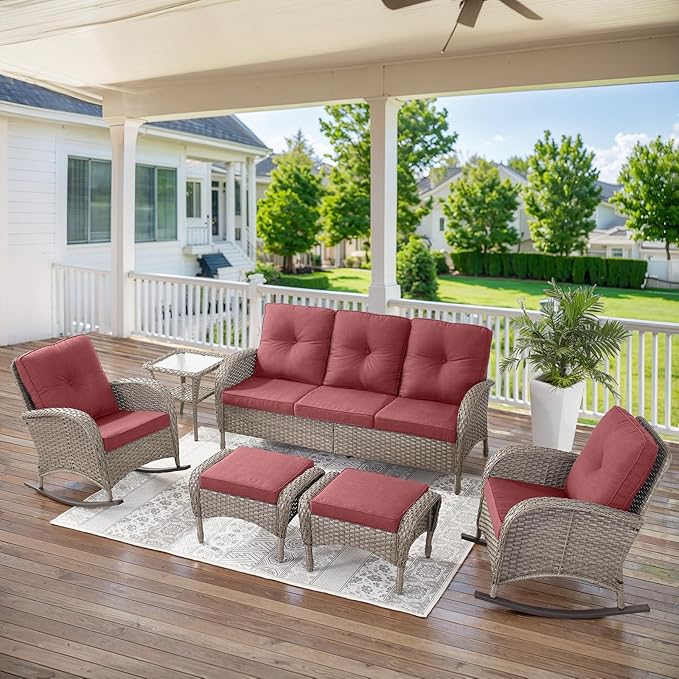 Belord 5 Piece Patio Rocking Chairs Furniture Set - Outdoor Wicker Furniture with Ottomans and Side Table - Photo 9