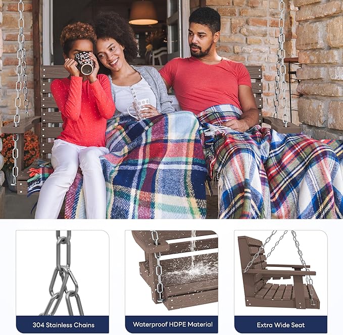 KINGYES Outdoor Hanging Porch Swing Set of 2, Waterproof Swing with Cup Holders for Courtyard & Garden - Photo 5