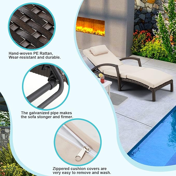 HOMREST Chaise Lounge Chairs Set of 6, PE Rattan Wicker Lounge Chair with Arm and Wheels for Poolside,Khaki