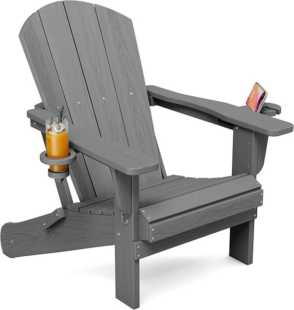 SERWALL Folding Adirondack Chair, Dual Cup Holders & All-Weather HDPE, Wood-Like Patio Chair for Backyard - Photo 1