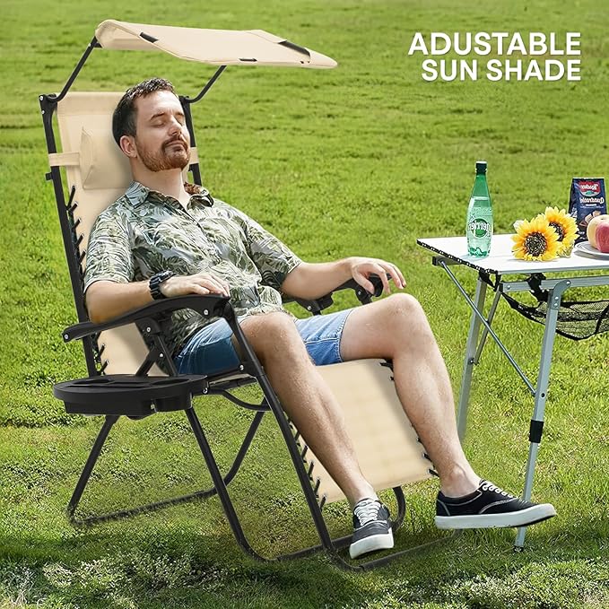 Athena Collection Folding Zero Gravity Chair with Canopy, Adjustable Lounge Chair Recliner, Outdoor Lawn Chair Camping Chairs Beach Chaise Chairs with Headrest & Cup Holder for Patio Pool, Cream