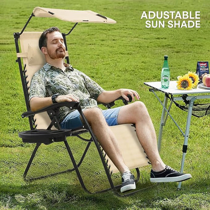 Athena Collection Folding Zero Gravity Chair with Canopy, Adjustable Lounge Chair Recliner, Outdoor Lawn Chair Camping Chairs Beach Chaise Chairs with Headrest & Cup Holder for Patio Pool, Cream
