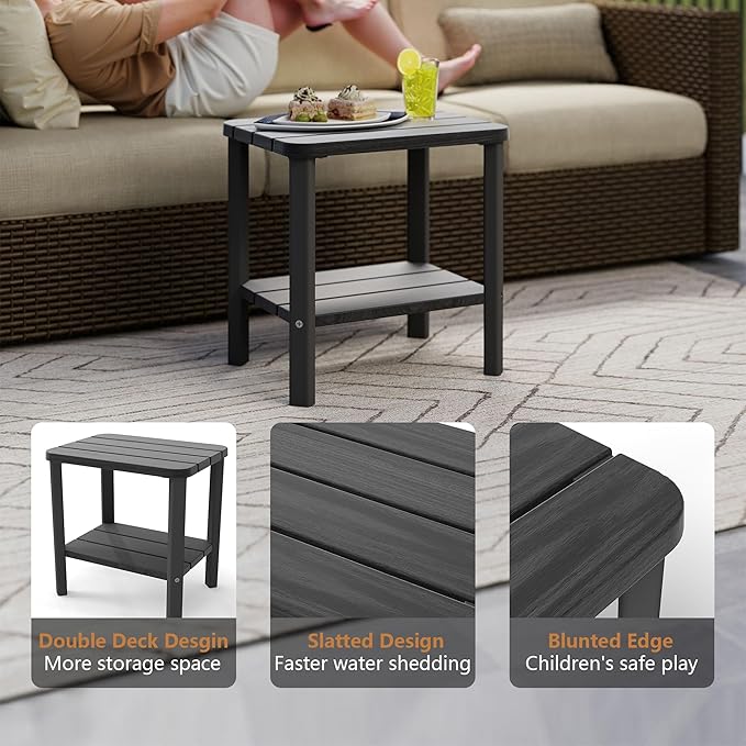 Upgraded Outdoor Side Table, 2-Tier Small Outdoor Table for Patio, Adirondack Side Tables for Outside or Indoor, Patio End Table for Pool, Porch, Weather Resistant Easy (Upgraded Black)
