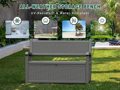 LHBcraft 70 Gallon Outdoor Storage Bench Deck Box Lockable for Patio Furniture, Outdoor Porch Bench with Storage Waterproof for Cushions, Garden Tools and Pool Supplies, Grey